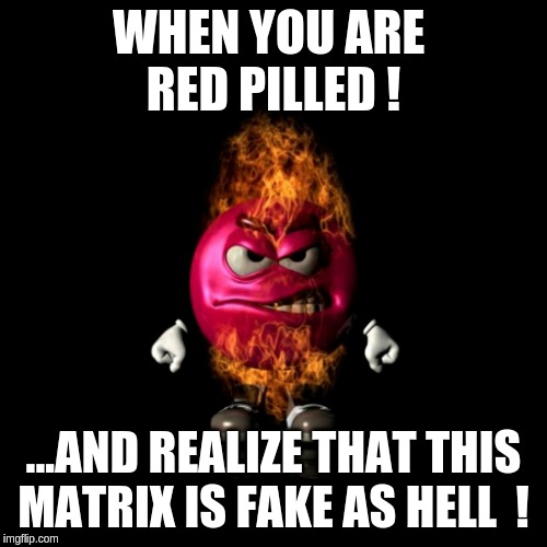 Angry M&M | WHEN YOU ARE 
RED PILLED ! ...AND REALIZE THAT THIS MATRIX IS FAKE AS HELL  ! | image tagged in angry mm | made w/ Imgflip meme maker