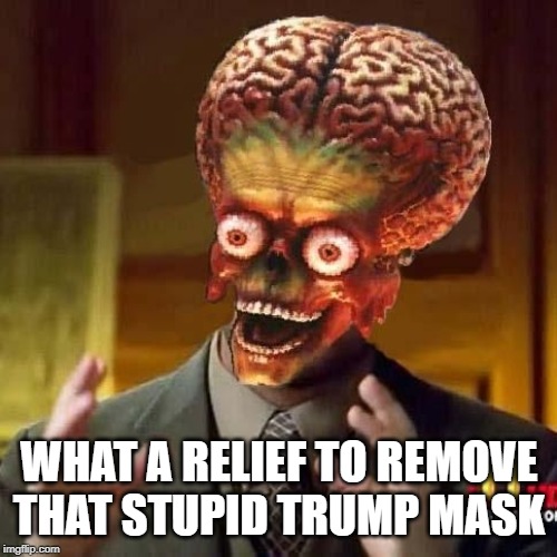 aliens 6 | WHAT A RELIEF TO REMOVE THAT STUPID TRUMP MASK | image tagged in aliens 6 | made w/ Imgflip meme maker