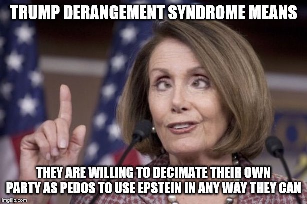 Nancy pelosi | TRUMP DERANGEMENT SYNDROME MEANS; THEY ARE WILLING TO DECIMATE THEIR OWN PARTY AS PEDOS TO USE EPSTEIN IN ANY WAY THEY CAN | image tagged in nancy pelosi | made w/ Imgflip meme maker