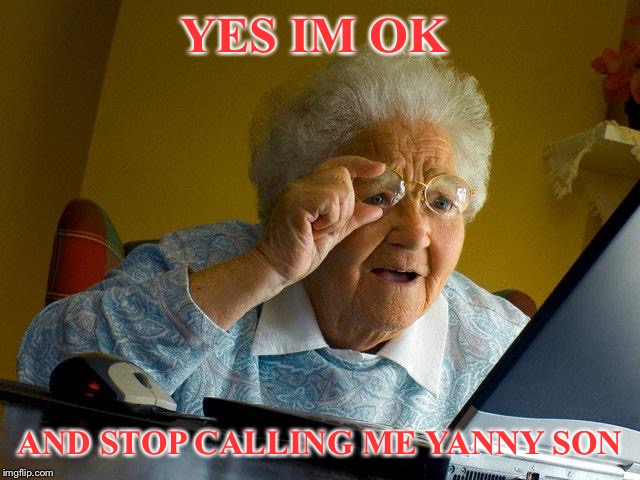 Grandma Finds The Internet Meme | YES IM OK AND STOP CALLING ME YANNY SON | image tagged in memes,grandma finds the internet | made w/ Imgflip meme maker