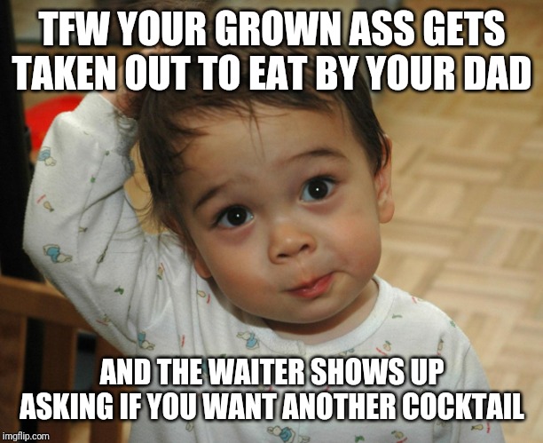 TFW Confused excited hopeful baby | TFW YOUR GROWN ASS GETS TAKEN OUT TO EAT BY YOUR DAD; AND THE WAITER SHOWS UP ASKING IF YOU WANT ANOTHER COCKTAIL | image tagged in tfw confused excited hopeful baby | made w/ Imgflip meme maker