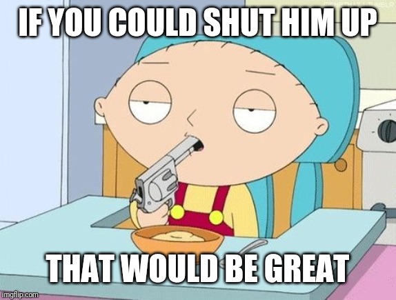 Stewie gun in mouth | IF YOU COULD SHUT HIM UP; THAT WOULD BE GREAT | image tagged in stewie gun in mouth | made w/ Imgflip meme maker
