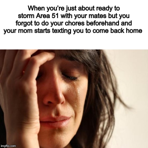 First World Problems | When you’re just about ready to storm Area 51 with your mates but you forgot to do your chores beforehand and your mom starts texting you to come back home | image tagged in memes,first world problems | made w/ Imgflip meme maker