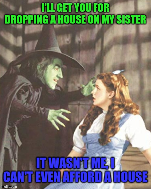 In today's economy... | I'LL GET YOU FOR DROPPING A HOUSE ON MY SISTER; IT WASN'T ME, I CAN'T EVEN AFFORD A HOUSE | image tagged in memes | made w/ Imgflip meme maker