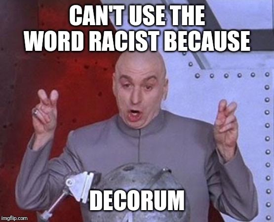 Dr Evil Laser Meme | CAN'T USE THE WORD RACIST BECAUSE; DECORUM | image tagged in memes,dr evil laser | made w/ Imgflip meme maker