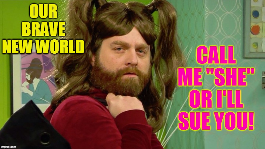 OUR BRAVE NEW WORLD; CALL ME "SHE" OR I'LL SUE YOU! | made w/ Imgflip meme maker