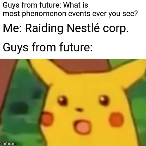 Surprised Pikachu | Guys from future: What is most phenomenon events ever you see? Me: Raiding Nestlé corp. Guys from future: | image tagged in memes,surprised pikachu | made w/ Imgflip meme maker