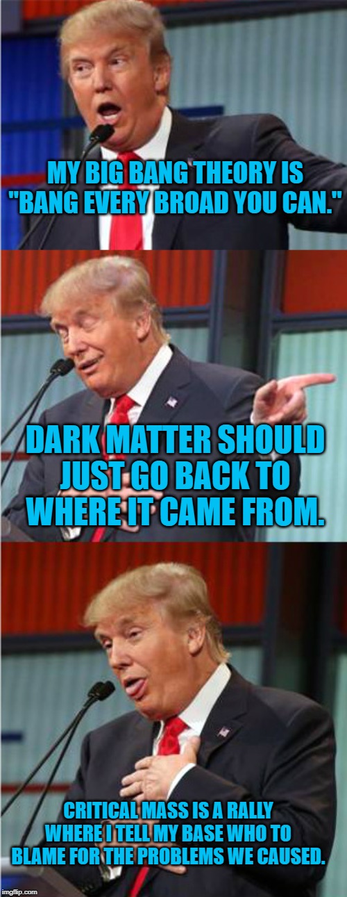 Bad Pun Trump | MY BIG BANG THEORY IS "BANG EVERY BROAD YOU CAN."; DARK MATTER SHOULD JUST GO BACK TO WHERE IT CAME FROM. CRITICAL MASS IS A RALLY WHERE I TELL MY BASE WHO TO BLAME FOR THE PROBLEMS WE CAUSED. | image tagged in bad pun trump | made w/ Imgflip meme maker