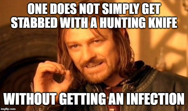 One Does Not Simply Meme | ONE DOES NOT SIMPLY GET STABBED WITH A HUNTING KNIFE WITHOUT GETTING AN INFECTION | image tagged in memes,one does not simply | made w/ Imgflip meme maker