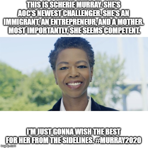 #Murray2020 | THIS IS SCHERIE MURRAY. SHE'S AOC'S NEWEST CHALLENGER. SHE'S AN IMMIGRANT, AN ENTREPRENEUR, AND A MOTHER.  MOST IMPORTANTLY, SHE SEEMS COMPETENT. I'M JUST GONNA WISH THE BEST FOR HER FROM THE SIDELINES. #MURRAY2020 | image tagged in memes,politics,aoc,murray2020,scherie murray,election | made w/ Imgflip meme maker