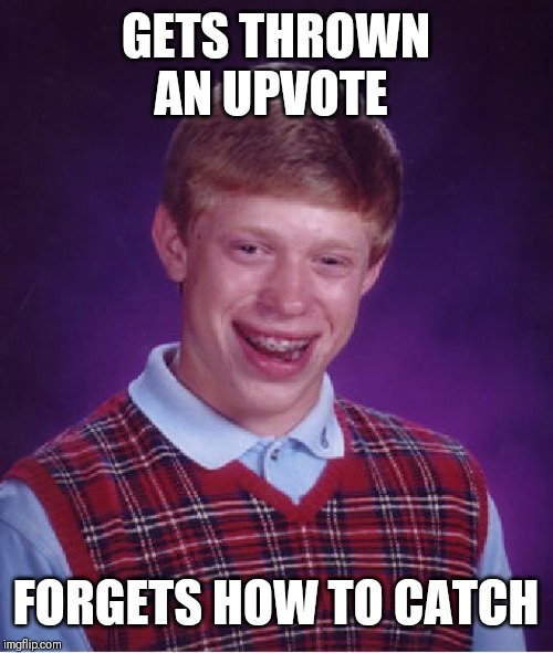 Bad Luck Brian Meme | GETS THROWN AN UPVOTE FORGETS HOW TO CATCH | image tagged in memes,bad luck brian | made w/ Imgflip meme maker