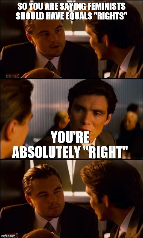 you're right, I'm right, everyone's right | SO YOU ARE SAYING FEMINISTS SHOULD HAVE EQUALS "RIGHTS"; YOU'RE ABSOLUTELY "RIGHT" | image tagged in conversation,batman slaps trump,feminism is cancer,confused dafuq jack sparrow what,doing the right things | made w/ Imgflip meme maker