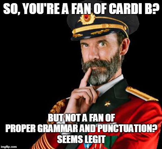 captain obvious | SO, YOU'RE A FAN OF CARDI B? BUT NOT A FAN OF PROPER GRAMMAR AND PUNCTUATION?
SEEMS LEGIT | image tagged in captain obvious | made w/ Imgflip meme maker