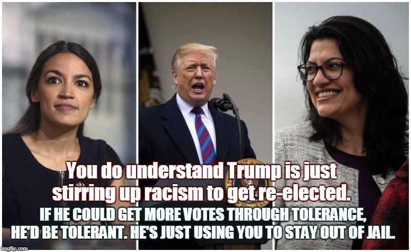 Trump is pressing your buttons. | You do understand Trump is just stirring up racism to get re-elected. IF HE COULD GET MORE VOTES THROUGH TOLERANCE, HE'D BE TOLERANT. HE'S JUST USING YOU TO STAY OUT OF JAIL. | image tagged in trump,aoc,tlaib,racism,election 2020 | made w/ Imgflip meme maker