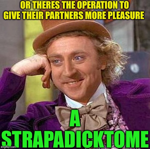 Creepy Condescending Wonka Meme | OR THERES THE OPERATION TO GIVE THEIR PARTNERS MORE PLEASURE A STRAPADICKTOME | image tagged in memes,creepy condescending wonka | made w/ Imgflip meme maker
