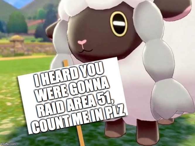 Can Wooloo come with us? | I HEARD YOU WERE GONNA RAID AREA 51, COUNT ME IN PLZ | image tagged in area 51 | made w/ Imgflip meme maker
