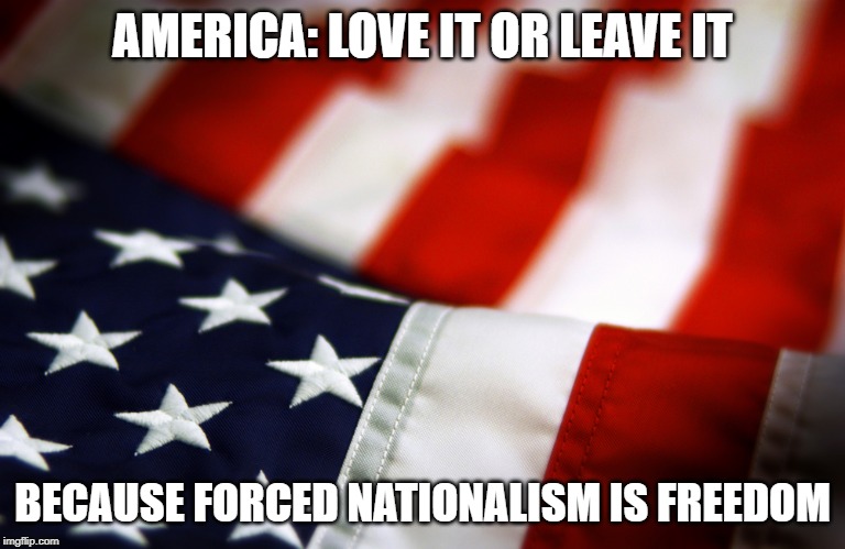 AMERICA. Love It or Leave It | AMERICA: LOVE IT OR LEAVE IT; BECAUSE FORCED NATIONALISM IS FREEDOM | image tagged in america love it or leave it | made w/ Imgflip meme maker