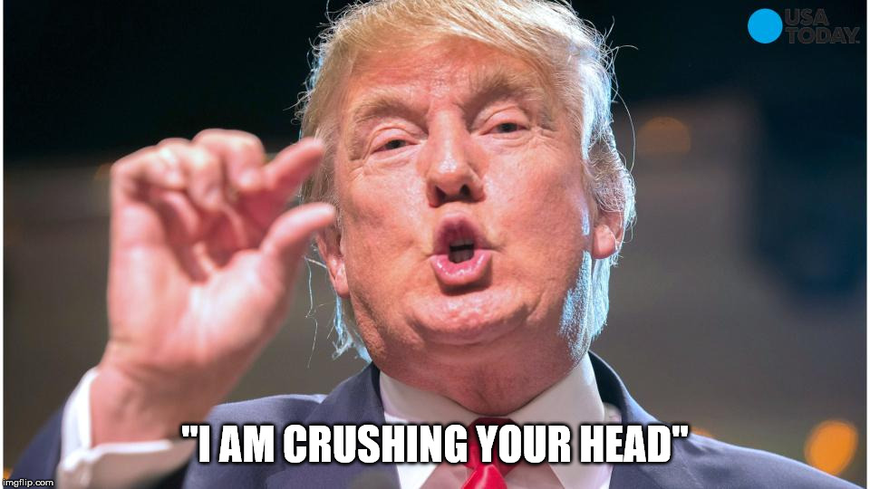 Donald Trump small brain | "I AM CRUSHING YOUR HEAD" | image tagged in donald trump small brain,head crush,narcissist,might is right,unempethic,politics | made w/ Imgflip meme maker
