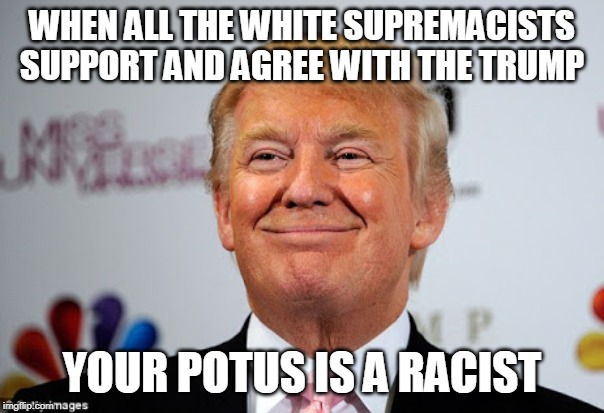 Donald trump approves | WHEN ALL THE WHITE SUPREMACISTS SUPPORT AND AGREE WITH THE TRUMP; YOUR POTUS IS A RACIST | image tagged in donald trump approves | made w/ Imgflip meme maker