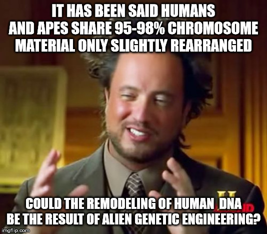 Ancient Aliens Meme | IT HAS BEEN SAID HUMANS AND APES SHARE 95-98% CHROMOSOME MATERIAL ONLY SLIGHTLY REARRANGED; COULD THE REMODELING OF HUMAN  DNA BE THE RESULT OF ALIEN GENETIC ENGINEERING? | image tagged in memes,ancient aliens | made w/ Imgflip meme maker