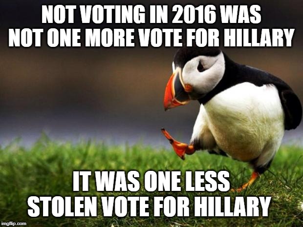 It makes sense if you had to vote on Diebold machines | NOT VOTING IN 2016 WAS NOT ONE MORE VOTE FOR HILLARY; IT WAS ONE LESS STOLEN VOTE FOR HILLARY | image tagged in memes,unpopular opinion puffin | made w/ Imgflip meme maker