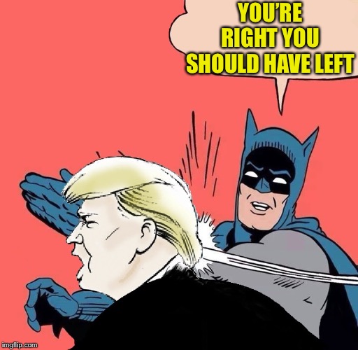 Batman slaps Trump | YOU’RE RIGHT YOU SHOULD HAVE LEFT | image tagged in batman slaps trump | made w/ Imgflip meme maker