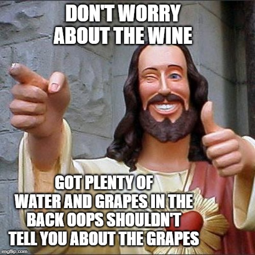 Buddy Christ Meme | DON'T WORRY ABOUT THE WINE; GOT PLENTY OF WATER AND GRAPES IN THE BACK OOPS SHOULDN'T TELL YOU ABOUT THE GRAPES | image tagged in memes,buddy christ | made w/ Imgflip meme maker
