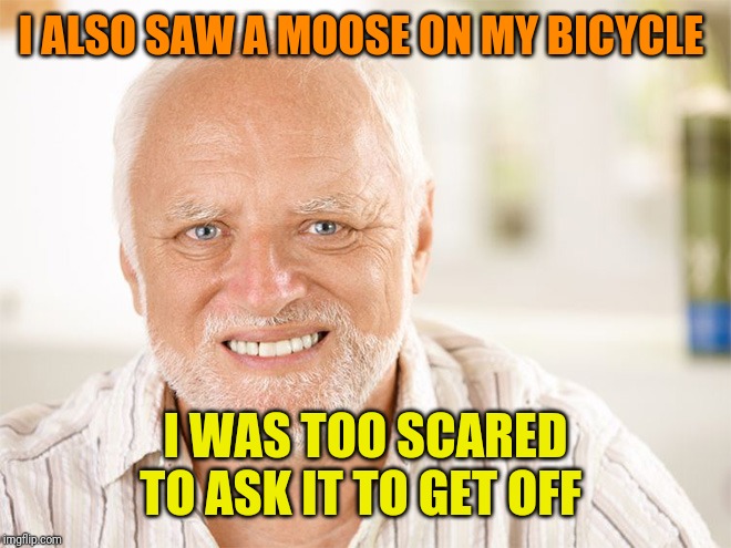 Awkward smiling old man | I ALSO SAW A MOOSE ON MY BICYCLE I WAS TOO SCARED TO ASK IT TO GET OFF | image tagged in awkward smiling old man | made w/ Imgflip meme maker