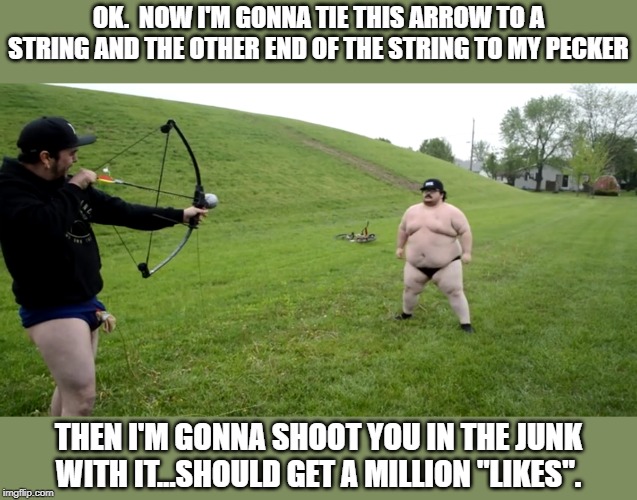 What could possible go wrong here? | OK.  NOW I'M GONNA TIE THIS ARROW TO A STRING AND THE OTHER END OF THE STRING TO MY PECKER; THEN I'M GONNA SHOOT YOU IN THE JUNK WITH IT...SHOULD GET A MILLION "LIKES". | image tagged in funny,dumb and dumber,funny memes | made w/ Imgflip meme maker