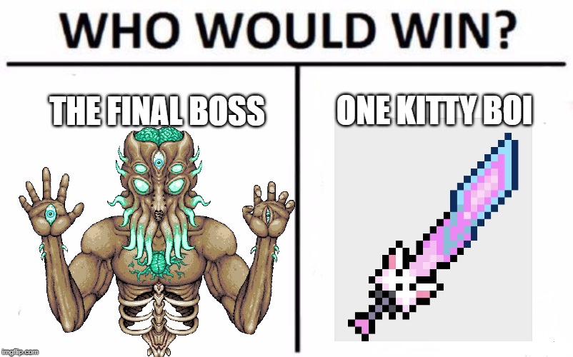 Who Would Win? Meme | ONE KITTY BOI; THE FINAL BOSS | image tagged in memes,who would win | made w/ Imgflip meme maker