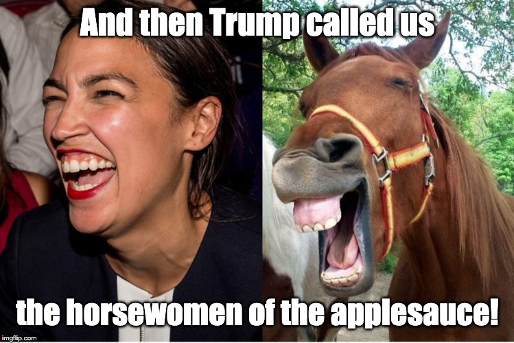 AOC horse face Alexandria Ocasio-Cortez | And then Trump called us; the horsewomen of the applesauce! | image tagged in aoc horse face alexandria ocasio-cortez | made w/ Imgflip meme maker