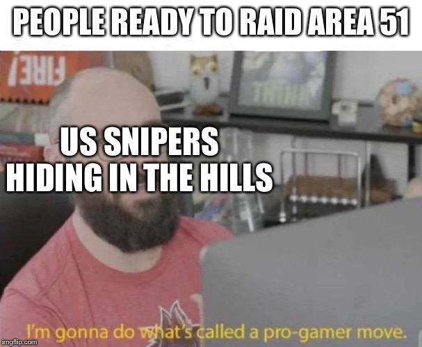 Pro Gamer move | PEOPLE READY TO RAID AREA 51; US SNIPERS HIDING IN THE HILLS | image tagged in pro gamer move | made w/ Imgflip meme maker