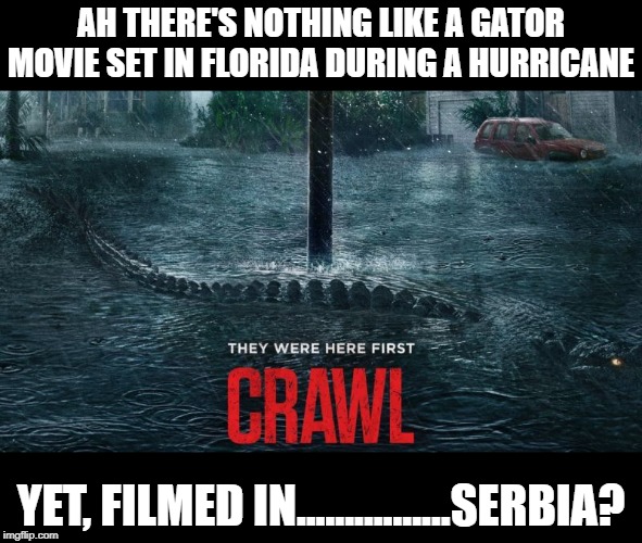 Filmed, where? | AH THERE'S NOTHING LIKE A GATOR MOVIE SET IN FLORIDA DURING A HURRICANE; YET, FILMED IN................SERBIA? | image tagged in horror movie | made w/ Imgflip meme maker