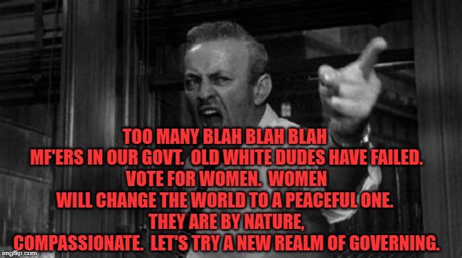 Let's try a new realm of governing. | TOO MANY BLAH BLAH BLAH 
MF'ERS IN OUR GOVT.  OLD WHITE DUDES HAVE FAILED.
VOTE FOR WOMEN.  WOMEN WILL CHANGE THE WORLD TO A PEACEFUL ONE. 
THEY ARE BY NATURE, COMPASSIONATE.  LET'S TRY A NEW REALM OF GOVERNING. | image tagged in trump,election,women | made w/ Imgflip meme maker