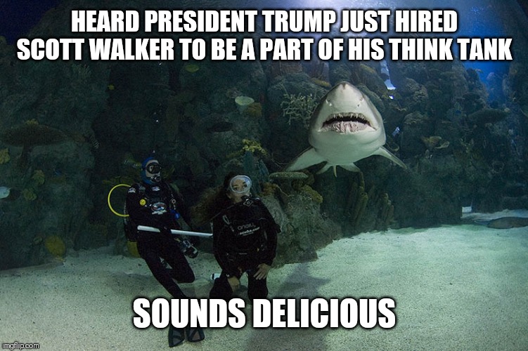 Trump n Walker Tank | HEARD PRESIDENT TRUMP JUST HIRED SCOTT WALKER TO BE A PART OF HIS THINK TANK; SOUNDS DELICIOUS | image tagged in politics,humor,fishing,funny memes | made w/ Imgflip meme maker