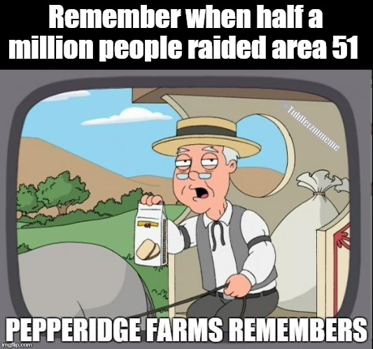 PEPPERIDGE FARMS REMEMBERS | Remember when half a million people raided area 51; @Tiddlerzmmeme | image tagged in pepperidge farms remembers | made w/ Imgflip meme maker