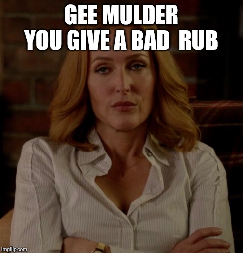 X-Files Reboot | GEE MULDER YOU GIVE A BAD  RUB | image tagged in x-files reboot | made w/ Imgflip meme maker