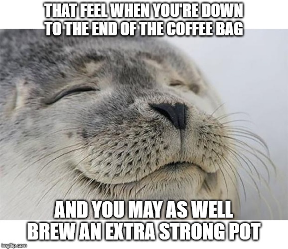 It's this kind of crap that makes me happy. I'm so easy! | THAT FEEL WHEN YOU'RE DOWN TO THE END OF THE COFFEE BAG; AND YOU MAY AS WELL BREW AN EXTRA STRONG POT | image tagged in memes,satisfied seal,coffee,strong | made w/ Imgflip meme maker