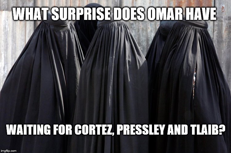 burkas | WHAT SURPRISE DOES OMAR HAVE; WAITING FOR CORTEZ, PRESSLEY AND TLAIB? | image tagged in burkas | made w/ Imgflip meme maker