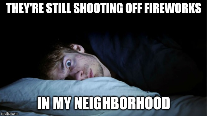 Night Terror | THEY'RE STILL SHOOTING OFF FIREWORKS IN MY NEIGHBORHOOD | image tagged in night terror | made w/ Imgflip meme maker
