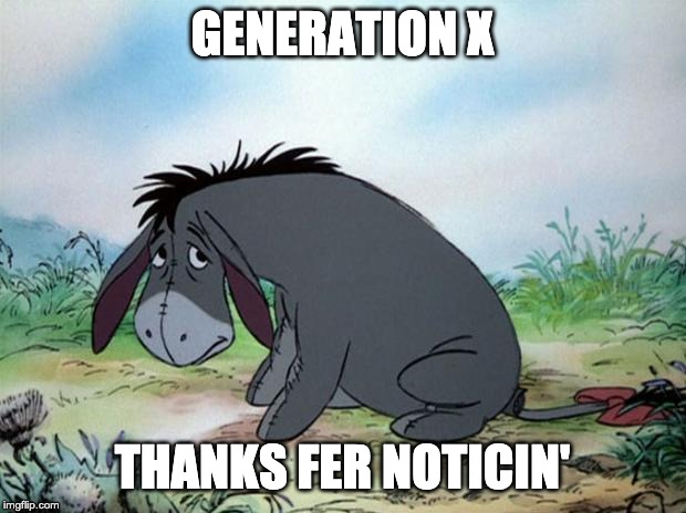 eeyore | GENERATION X; THANKS FER NOTICIN' | image tagged in eeyore | made w/ Imgflip meme maker