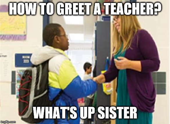 Education Memes #5 | HOW TO GREET A TEACHER? WHAT'S UP SISTER | image tagged in funny memes,memes,animals,cool,savage,one does not simply | made w/ Imgflip meme maker