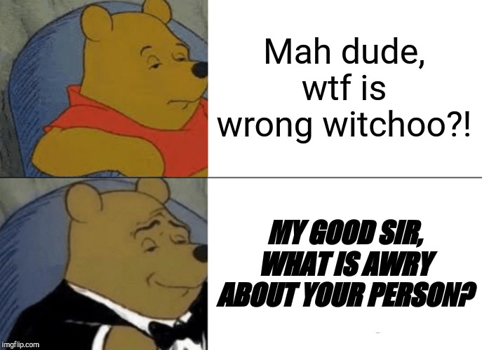 Tuxedo Winnie The Pooh | Mah dude, wtf is wrong witchoo?! MY GOOD SIR, WHAT IS AWRY ABOUT YOUR PERSON? | image tagged in memes,tuxedo winnie the pooh | made w/ Imgflip meme maker