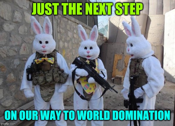 Bunny Soldiers | JUST THE NEXT STEP ON OUR WAY TO WORLD DOMINATION | image tagged in bunny soldiers | made w/ Imgflip meme maker