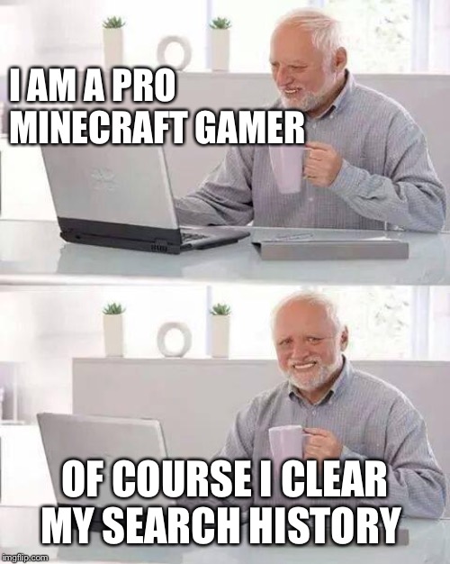 Hide the Pain Harold Meme | I AM A PRO MINECRAFT GAMER; OF COURSE I CLEAR MY SEARCH HISTORY | image tagged in memes,hide the pain harold | made w/ Imgflip meme maker