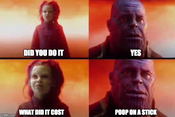 Thanos meme | DID YOU DO IT                                                   YES; WHAT DID IT COST                                              POOP ON A STICK | image tagged in instagram | made w/ Imgflip meme maker