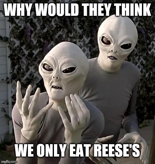 Aliens | WHY WOULD THEY THINK; WE ONLY EAT REESE'S | image tagged in aliens | made w/ Imgflip meme maker