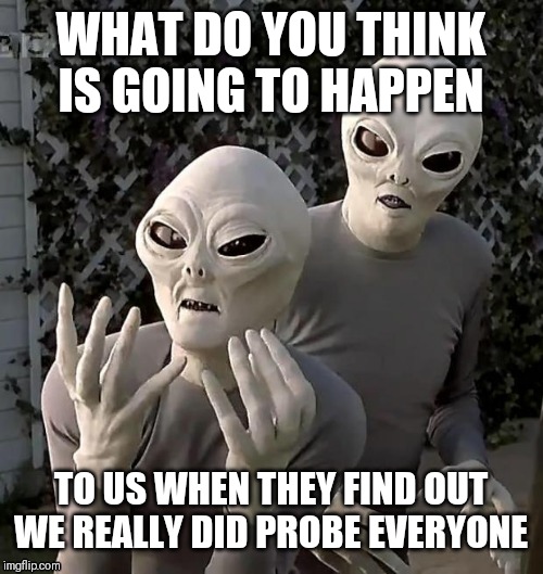 Aliens | WHAT DO YOU THINK IS GOING TO HAPPEN; TO US WHEN THEY FIND OUT WE REALLY DID PROBE EVERYONE | image tagged in aliens | made w/ Imgflip meme maker