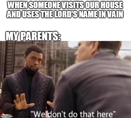 We dont do that here | WHEN SOMEONE VISITS OUR HOUSE AND USES THE LORD'S NAME IN VAIN; MY PARENTS: | image tagged in we dont do that here | made w/ Imgflip meme maker