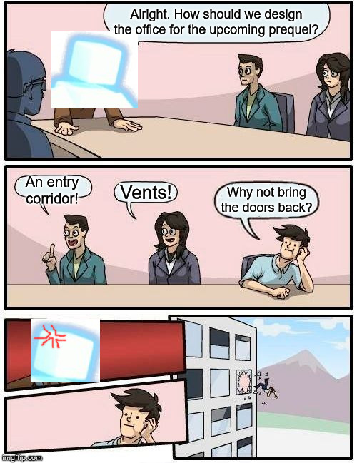 How the FNaF 2 office was designed(ft. Scott Cawthon): | Alright. How should we design the office for the upcoming prequel? An entry
corridor! Vents! Why not bring the doors back? | image tagged in memes,boardroom meeting suggestion | made w/ Imgflip meme maker